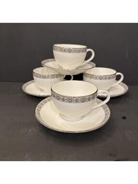 Set Of 4 Gorham Grand Gallery Tea Coffee Cup & Saucer USA WHITE SILVER